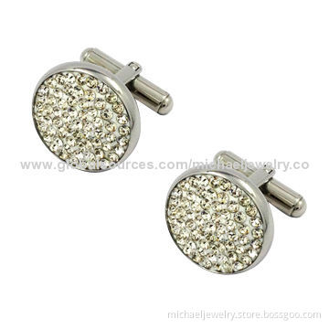 Stainless Steel Cufflinks with White Crystal PP Stones, Fashion, Side Bulge